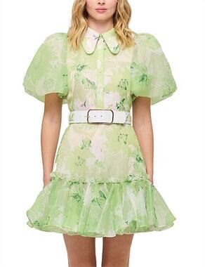 NWT Leo Lin Sophie Jasmine Bishop Sleeve Belted Mini Dress Green AUS 8 / US 4